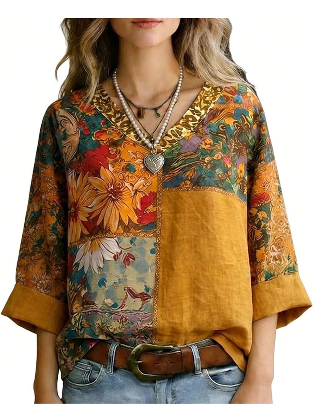 Cherry Betty Patchwork V-Neck Floral Blouse in Mustard size large